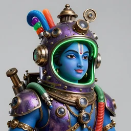 awardwinning portrait photo of a steampunk god krishna, wearing a glowing green and purple metallic steampunk astronaut helmet with multicolored tubes and shiny metallic devices, 3 d render, crisp, 8 k, fluorescent colors, insanely integrate, nikon photography