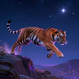 a tiger jumping into the stars, neon, rykyart