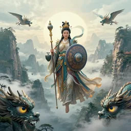 a goddess from Taiwan who armed with shield, and vessels is floating on the winds in mountains in china. Dragons are flying in mountains, and mountains are made of eyes which staring at everything.