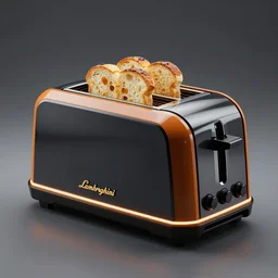 a lamborghini brand concept toaster appliance, bread in slots, aggressive angular design, bold lamborghini style with air scoops, heated coils, futuristic, professional product shot
