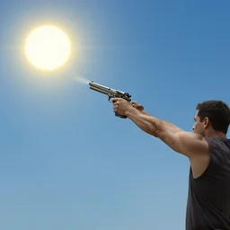 a man with a pistol, shooting the sun out of the sky, surreal