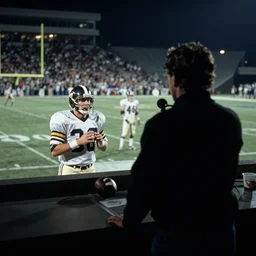 photo of an a shadowy figure and john madden in a press box announcing a football game, 1 9 8 7
