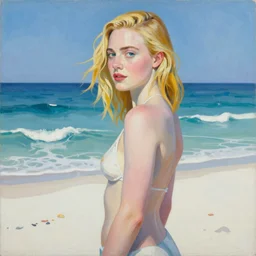 painting of Elle Fanning in the ocean, white sandy beach, by cubo-futurism