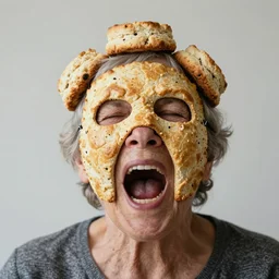 an elderly woman screaming, wearing a mask constructed from scones, bold natural colors, national geographic photography, masterpiece, 8 k, raw, unedited, symmetrical balance