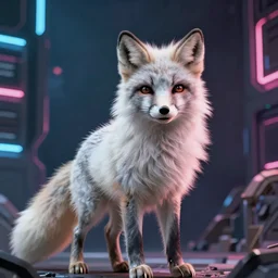 a beautiful anthro arctic fox vixen furry fursona commission, fluffy chest, digitigrade, dipstick tail, cyberpunk background