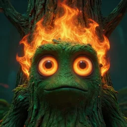 detailed rocky scene, a close up of a funny tree monster fire spirit, with detailed large glowing eyes, and flaming hair by maurice sendak, shaun tan made in hyperrealistic 3 d, octane render, dark green colours, sharp focus, 8 k, nighttime