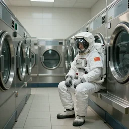 a beautiful photo of an astronaut waiting in an self-service automatic laundry room, soft light, morning light, photorealistic, realistic, octane, 8k, cinematic shot