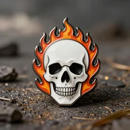 a retro minimalistic menacing clean skull with fire flame enamel pin, hd, concept art, artstation