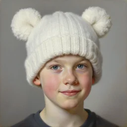 tall white 1 6 years old teenager wearing a hat. the hat is made out of white wool and covers his entire head except for his face. the hat has two bumps on the top at both sides that resemble bear ears. ¾ face angle portrait, royal portrait painting, oil painting, highly detailed, realistic face, self - satisfied smirk