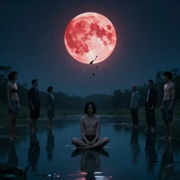 the crimson moon shatters far above, a placid cross legged figure floating above pond by craig mullins, ruan jia, liang mark, beksinski, wayne barlowe, peter gric, jama jurabaev