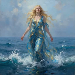 beautiful portrait of a mystical blonde haired goddess of the sea wearing long blue gold water robes rising up from the deep blue waves, oil painting by Greg Rutkowski and Charlie Bowater and Artgerm, unreal 5, DAZ, RPG Portrait, trending on artstation, dynamic lighting, misty, ocean, blue theme, afternoon light