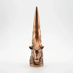 copper unicorn horn, studio product photography, isolated on a pure white background, centered, entire object in frame, sharp focus, soft studio lighting
