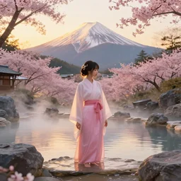 princess at a japanese mountain onsen at golden hour, cherry blossoms, Concept art by Marc Simonetti, Darek Zabrocki, Jordan Grimmer, Noah Bradley, masterpiece, highly detailed and ultra realistic, trending on artstation