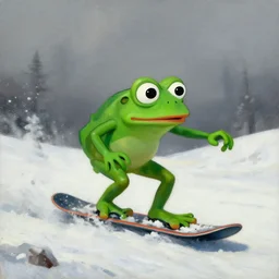 pepe the frog snowboarding, gloomy landscape, oil painting by christopher radlund