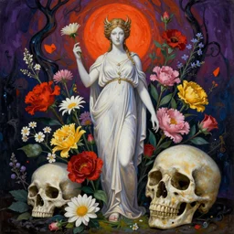 elegant flowers, gorgeous greek goddess, beautiful skull, necronom v painting by lise deharme and hr giger, lovecraft, vibrant color scheme