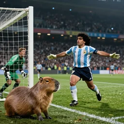 diego maradona scoring a goal, the goal keeper is a capybara