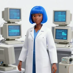 dark skin woman wearing a white lab coat with a blue haircut, body connected to wires and surrounded by 1 9 8 0 s computers, in the style of serial experiments lain and gainax evangelion 1 9 9 5, dynamic lighting, dark ambience, one light source, 3 5 mm, cell - shaded, detailed face
