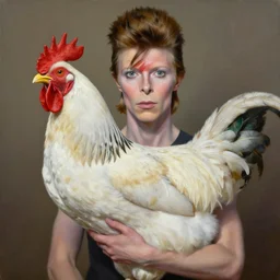 “oil painting of David Bowie holding a white Rooster. Large eyes. By Margaret Keane.”