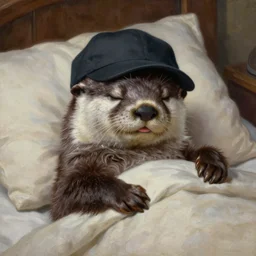 an anthropomorphic otter wearing a night cap, in bed, smiling, head resting on a pillow, eyes closed, realistic, very detailed, high quality, masterpiece, oil painting by artgerm, by Ralph Horsley