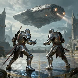 highly detailed elden ring portrait photo of a gigantic chrome tiled elevated battle arena where two huge armored knights compete against each other in scenic dystopian environment. a massive mothership spaceship lifts off in the background, starting engines nitro jet drive, hyperrealistic illustration by william didier - pouget