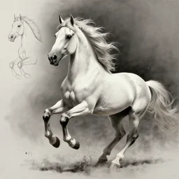 pencil studies, pose reference, galloping white horse, full body, windswept mane and tail, dramatic chiaroscuro, trending on artstation