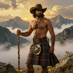 a dramatic epic beautiful painting of a hairy shirtless desi man in the mountains | he is wearing a plaid kilt and cowboy hat, and holding a walking stick | background is mountains! and clouds | dramatic lighting, golden hour, homoerotic | by mark maggiori and walter crane | trending on artstation