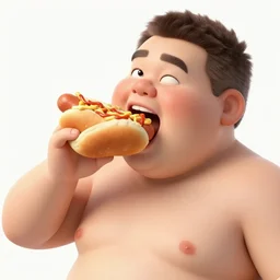 fat man stuffing a hot dog in his mouth