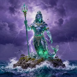 gigantic glass statue of the god of the sea wielding a trident on an island. roiling waves at the base. scene lit by lightning. thunderclouds in the background. fantasy setting. purples and greens. fantasy aesthetic. 4 k. highly detailed. intricate. painting with curved brush strokes
