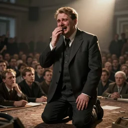 crying joseph stalin standing on his knees, crying so bad, and asking for forgiveness from hundreds of thousands of people
