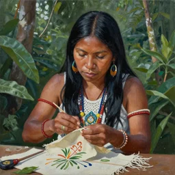 a beautiful painting of an indigenous female doing crafting of a fabric in the jungle, realistic face, ayahuasca