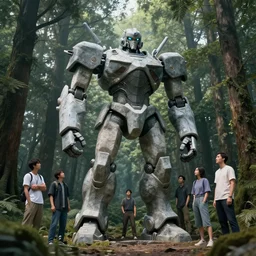 A large robot stone statue in the middle of a forest by Greg Rutkowski, Sung Choi, Mitchell Mohrhauser, Maciej Kuciara, Johnson Ting, Maxim Verehin, Peter Konig, final fantasy , 8k photorealistic, cinematic lighting, HD, high details, atmospheric,