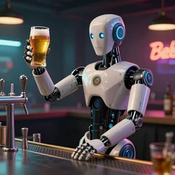 humanoid robot bartender serving beer in a cyberpunk pub - 4