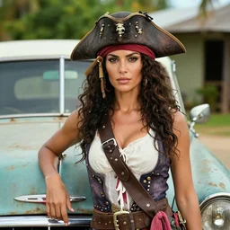 an award winning outdoors portrait photo of a 1 7 0 0 s dirty caribbean italian olive tanned pirate woman with black smooth hair, slightly big nose defined jaw, confident face, blue eyes, wearing a vest and short coat, sunset, movie color graded