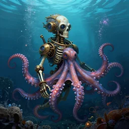 underwater photography of a steampunk human skeleton in symbiosis with octopus technology, bioluminescence, bloom, by victor grasso and brad woodfin, digital illustration