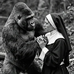 a black and white photo of a silverback gorilla beating up a woman dressed as a nun