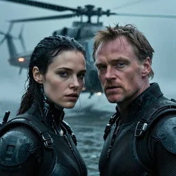 cinestill 5 0 d candid photographic portrait by christopher nolan of two loving female androids wearing rugged black mesh techwear in treacherous waters, extreme closeup, modern cyberpunk moody emotional cinematic, pouring rain menacing military helicopter lights, 8 k, hd, high resolution, 3 5 mm, f / 3 2, ultra realistic faces, ex machina