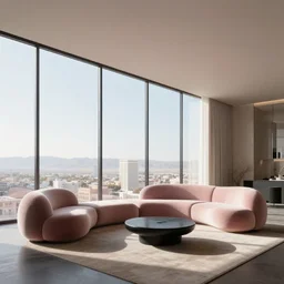 las vegas penthouse, ceiling to floor windows, soft color, plush puzzle furniture, modern, minimalism, morning light, dramatic, obsidian, unreal render, award winning photograph