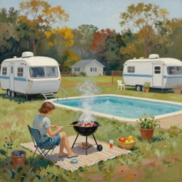 impressionist painting of a trailer park poolside barbecue set in rural Georgia after the fall of Washington