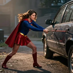 supergirl having a tug - of - war with a car