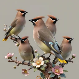 3 d rendering of ethereal bohemian waxwing bird, bombycilla garrulus, intricate details, ornate, detailed, octane 3 d render, johanna rupprecht, william morris, trending on artstation, a bird sitting on top of a tree filled with flowers, by marco mazzoni, featured on cgsociety, rococo, whimsical