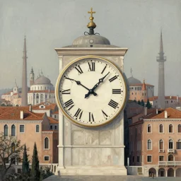clock city, venetia, fantasy, muted color. precisionism, elsie driggs, peter blume, greg rutkowski