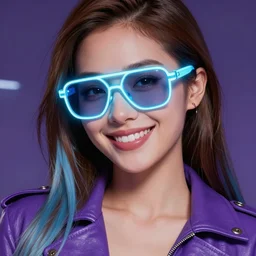 closeup painting of a very beautiful young mexican cyberpunk woman with a smile, light blue neon sunglasses!! on her face, and a purple coloured leather jacket, one side haircut, long brown hair with light blue ends, portrait, sci - fi, hyperdetailed, cgsociety, synthwave by tangerine dream, by jean - michel jarre, by vangelis, by john carpenter
