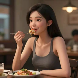 girl, eating, good food, happy, slim, stylized, artstation, hd, cgsociety, cgi, realistic, dramatic, cinematic, artistic, trending, detailed