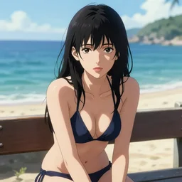 girl in bikini sitting on the bench near the sea | very anime!!!, fine face, audrey plaza, realistic shaded perfect face, fine details. anime. strong realistic shaded lighting poster by ilya kuvshinov katsuhiro otomo ghost, magali villeneuve, artgerm, jeremy lipkin and michael garmash and rob rey