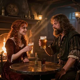 Siegmeyer of Catarina having a beer with Domhnall of Zena in a undead tavern, warm lighting, fireplace, godrays, trending on artstation, 4k