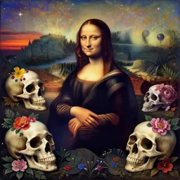 The floral skulls under sunset starlit sky, italian futurism, Dan Mumford, da vinci, Josan Gonzalez