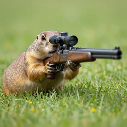 one very hangry prairie dog. holding an riffle with a scope, aiming, lying on the grass