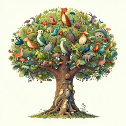tree of life filled with creatures, digital art