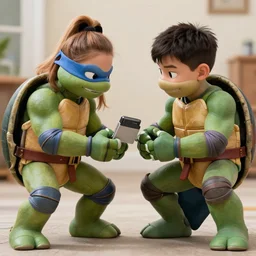 color shot of a girl and boy playing with their pet live action teenaged mutant ninja turtles, photorealistic,8k, XF IQ4, 150MP, 50mm, F1.4, ISO 200, 1/160s, natural light