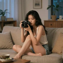 90's Professional Color Photography, Nikon, A girl in the living room at night. Summer